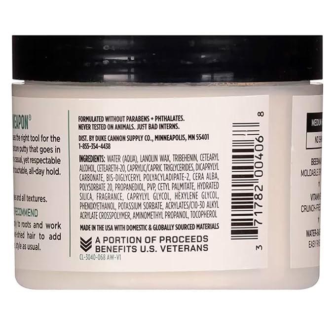 Duke Cannon Supply Co. Supply Co. Dry Hold Texture Putty - Medium Hold Hair Putty - Ideal for short to medium styles and all textures - No Shine - Beeswax & Vitamin E - Water Based (4.6 oz)