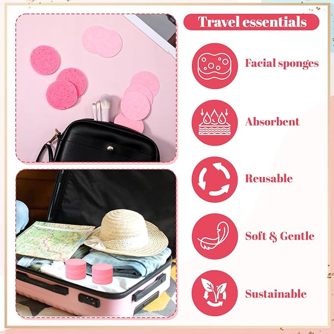 300 Count Compressed Facial Sponges Disposable Face Sponge Travel Facial Sponges for Estheticians, Cosmetic Sponge Face Exfoliating Pads Pink for SPA Cleansing Exfoliating Makeup Removal