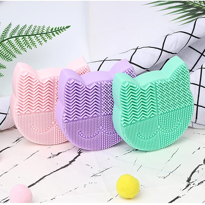 Silicon Makeup Brush Cleaner Mat with Portable Cat Shaped Cosmetic Brush Cleaning Pad Holder - Light Green
