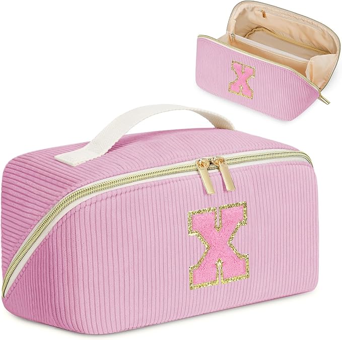 Personalized Initial Makeup Bag, Valentine's Day Gifts for Girls,Preppy Bag Cosmetic Travel Bag Women,Travel Toiletry Organizer,Large Capacity Corduroy Stuff Bag,Cute Cosmetic Pouch Skincare Bag