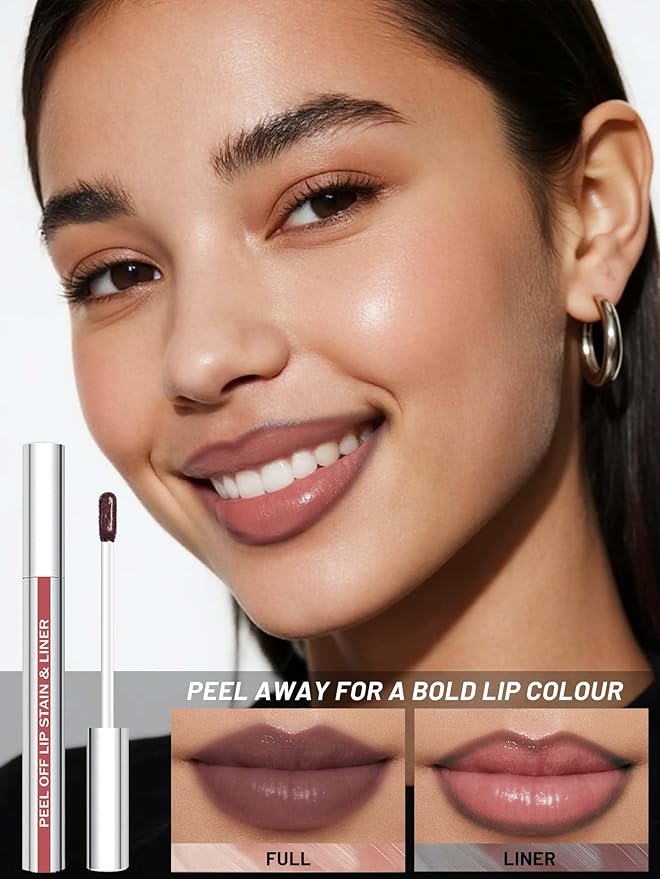 QCMME Lip Stain Peel Off Lip Liner Stain with Tweezer, Long Lasting Matte Lip Tint Tattoo, Highly Pigmented Color Lip Makeup, Waterproof Lipstick, Transfer-proof Lipstain for Women, Brown