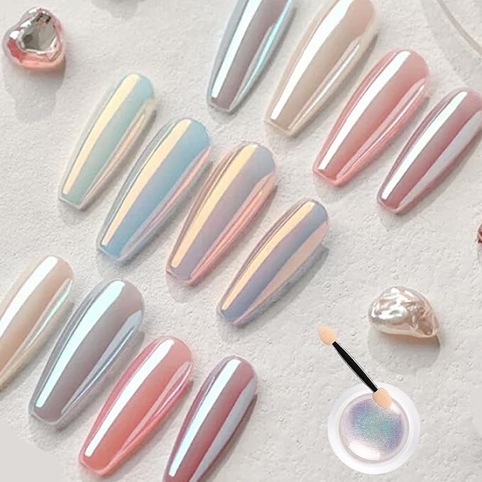 Mermaid Chrome Nail Powder, 2PCS 0.3g Nail Chrome Powder, Kit with Sponge Stick, DIY Pearl for Gel Polish Art Decoration