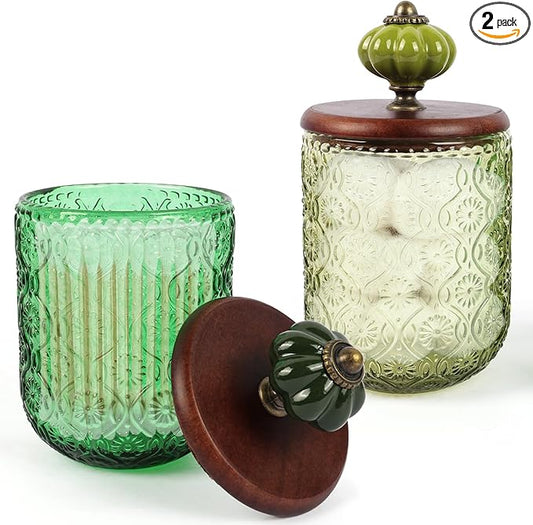 Canumer 2 Pack Green Qtip Holder – Glass Apothecary Jars with Lid, Qtip Dispenser, Bathroom Storage Organizer for Cotton Balls, Swabs, Pads, Floss, Makeup Essentials, Candy, Vintge Decor