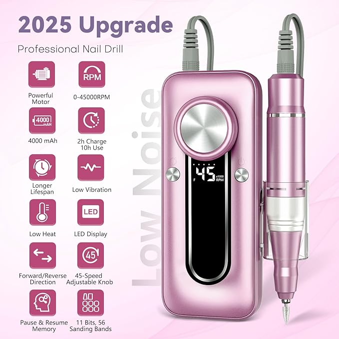 TUOBEO Nail Drill Electric Nail File Kit 45000 RPM Professional Efile Nail Set,Cordless Portable Rechargeable Acrylic Gel Nail Polish Remover Machine Pedicure Manicure Tool with 11 Bits for Salon Home