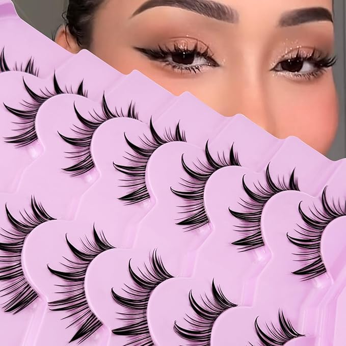 Fairy Lashes Manga Lashes Yasnai Clear Band False Eyelashes Wispy Lashes Fake Lashes Natural Look Eyelashes Wet-Look Spiky Anime Strip Lashes 7 Pairs Pack