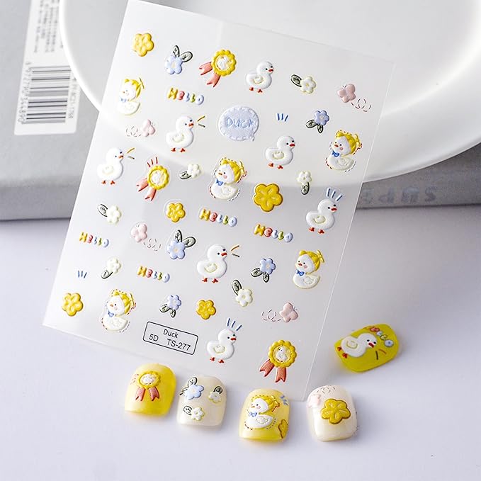 4-Sheet 3D Nail Art Stickers Set – Cute Ducks, Bohemian Patterns, Celestial Magic & Elegant Camellias – 160-200 Pre-Cut Self-Adhesive Nail Decals for DIY & Salon Manicures