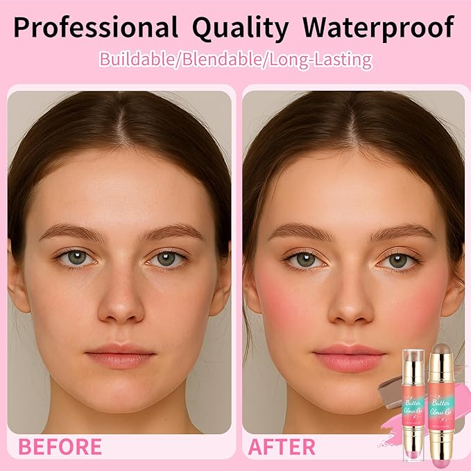 Dual-Ended Blush and Bronzer Stick – 2-in-1 Creamy Face Cheeks Contour Makeup, Smooth Hydrating Formula, Buildable Color for Natural Radiant Glow Beauty For Women (Peachy Pink)