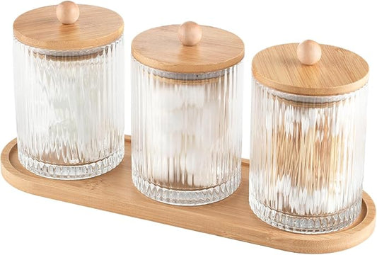 NEECZS 3 Pack Qtip Holder Bathroom Set,Cotton Pad Ball Swab Holder Cotton Round Floss Pick Dispenser with Tray,Glass Apothecary Jars with Lids,Bathroom Organizers and Storage Canisters