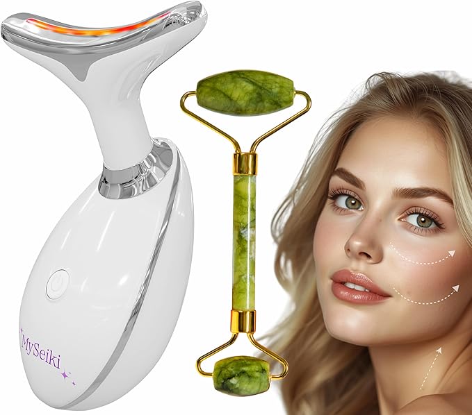 7 LED Light Beauty Tool – Face and Neck Massager with Jade Roller, Case, and Cloth (White)