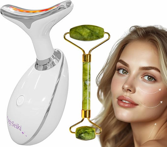 7 LED Light Beauty Tool – Face and Neck Massager with Jade Roller, Case, and Cloth (White)