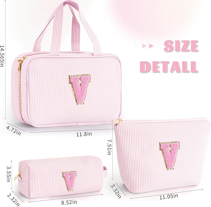 Cute Gifts Travel Toiletry Makeup Bag - Travel Cosmetic Bag for Women Yoga, Picnic, Personalized Friend Birthday Gifts with Monogram - Pink V