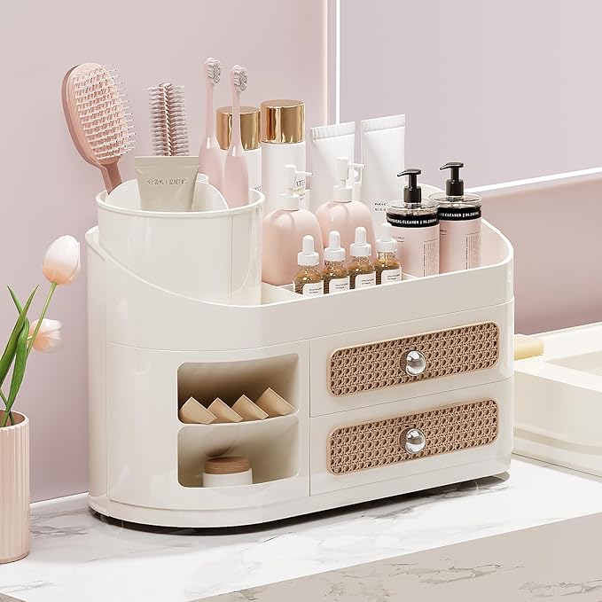 UFORU Makeup Organizer with Rotating Brush Holder, Bathroom Countertop Organizer with 2 Drawers, Easy to Store Hair Brush, Lipsticks, Perfumes, Skincare, Beige