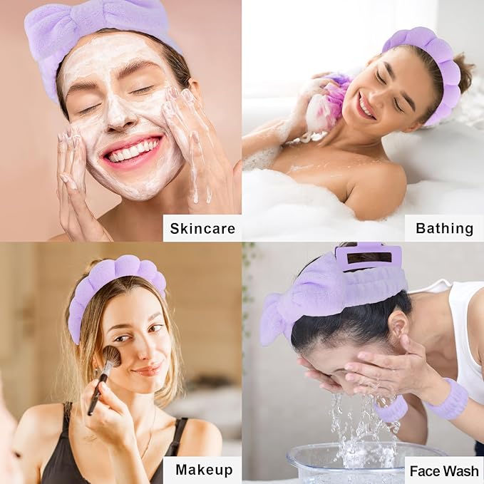 Canitor Spa Headband Wrist Bands Set with Hair Clips Skincare Washing Face Skin Care Puffy Makeup Preppy Teen Girl Gifts Cute Trendy Stuff Fashion Hair Accessories for Women (purple)