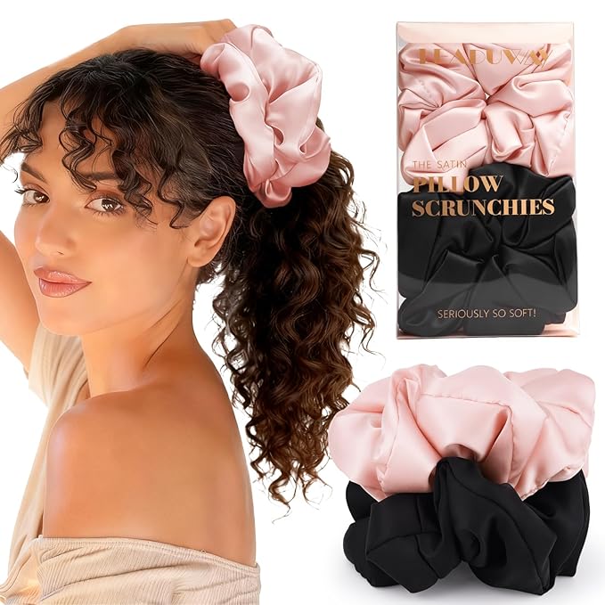 2 Pack Silky Scrunchies No Damage Pillow Scrunchies, Silk-Lilk Soft Oversized Hair Ties Ponytail Holders for Sleeping, Curly Thick or Thin Hair (Pink & Black)