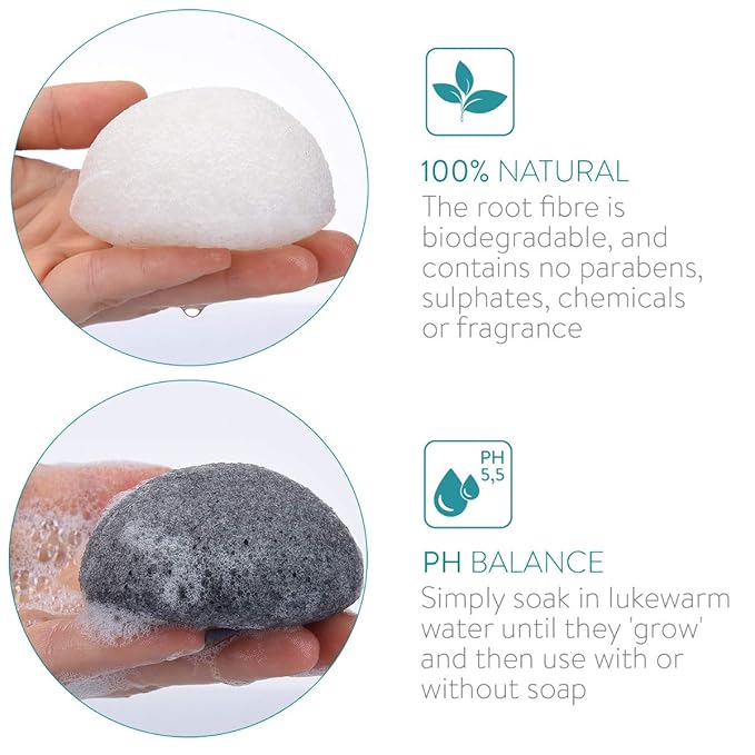 Navaris Konjac Sponges - Set of 3 - Facial & Body Konjac Sponge Puffs - Exfoliating & Cleansing Sponges for Bath & Shower - Green, Black, White