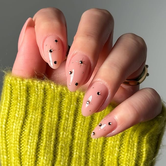 Glamnetic Press On Nails - Pink Comet | Short Almond Fake Nails in Pale Blush Pink with Lavender 3D Gems in a Glossy Finish, Salon Quality Holiday Winter Nails | 15 Sizes - 30 Nail Kit with Glue