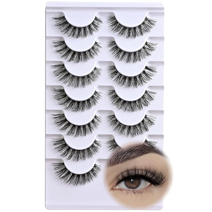 Lashes Wispy False Eyelashes Natural Cat Eye Strip Lash Fluffy Fake Lashes Strips Clear Band Mink Eyelash Natural Look Cateye Demi Wispies Eye Lashes Pack 7 Pairs Short Full Pestañas Set