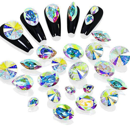 Dongzhou K9 Glass Crystal AB Nail Rhinestones Pointed Back Crystals Mix Sizes Gems Stones Decorations Set for Nail Art Clothing Jewelry Shoes Bags, Especially for Nails Design