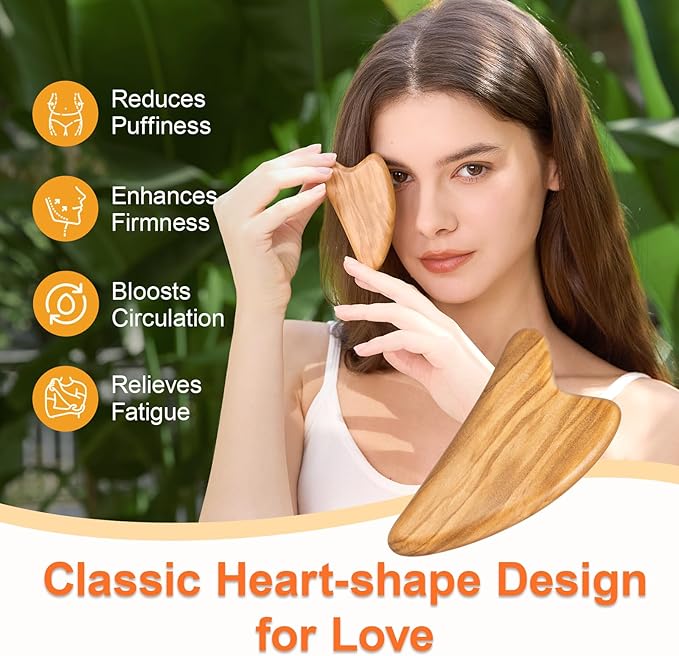 Gua Sha Facial Tools - Face Massager Tool for Lymphatic Drainage, Jawline Shaper, Double Chin Reducer, Face Sculpting Tool with Pouch - Skin Care Gift for Mum Wife, Natural Olive Wood