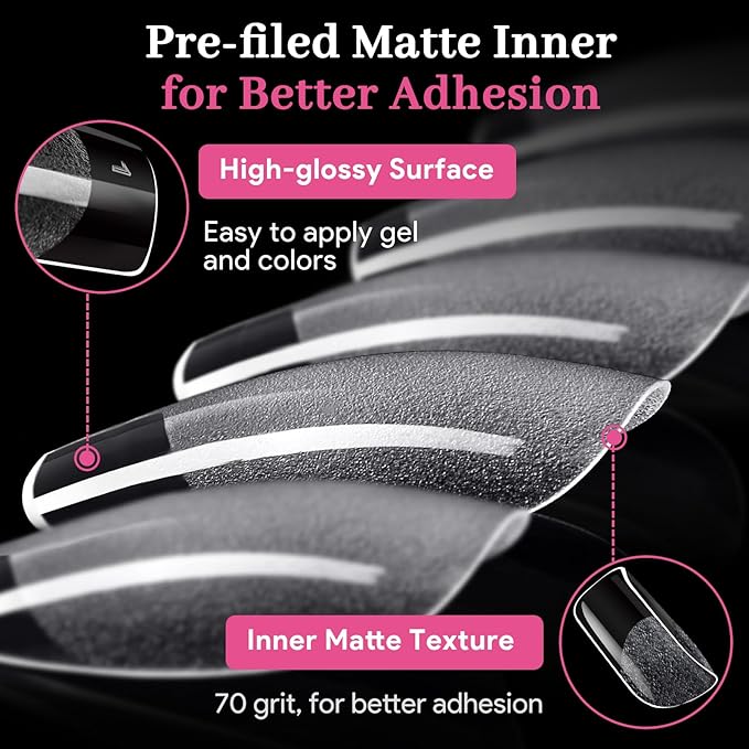 Qiek Short Square Fake Nail Tips - 15 Sizes 240 PCS Clear French Half Matte Press On False Nail Tips Pre-shaped Full Cover Gel Nail Tips Extensions Thick Long Lasting for DIY Beginners& Salon Manicure
