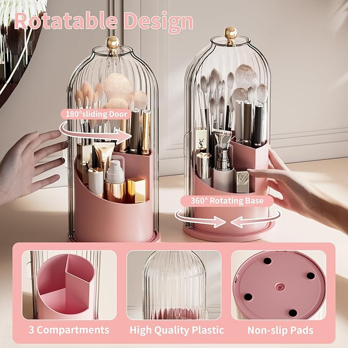 Makeup Organizers Countertop, Makeup organization for Vanity, Cosmetic Storage with Lid and Drawers, Skincare Display Cases with for Desktop, Bathroom (Pink)