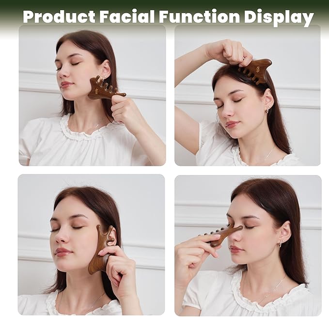 4-in-1 Wooden Gua Sha Facial Tools & Hair Detangler Brush Set – Manual Guasha tool for Face & Jawline Lifting, Double Chin Reduction, Scalp & Head Massager, Eye & Ear Acupressure, Gift for Women