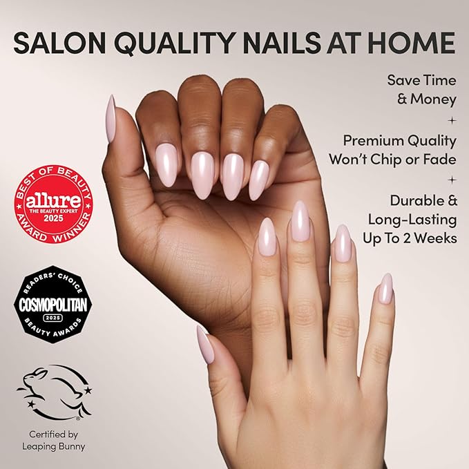Glamnetic Press On Nails - First Kiss | Short Almond Neutral Pink Nails with a Glaze Finish | 15 Sizes - 30 Nail Kit with Glue