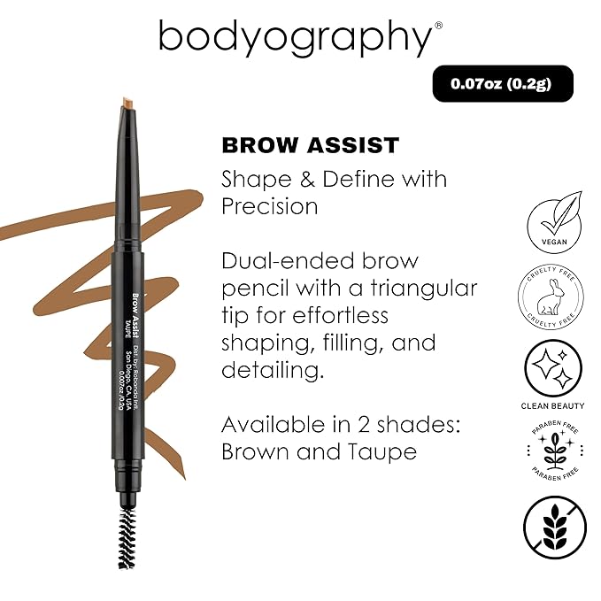 Bodyography Brow Assist – Brown | Triangular Tip Eyebrow Pencil for Women with Built-In Spoolie | Defines, Fills & Shapes Brows | Mineral-Based Formula with Castor & Coconut Oil | Clean, Vegan