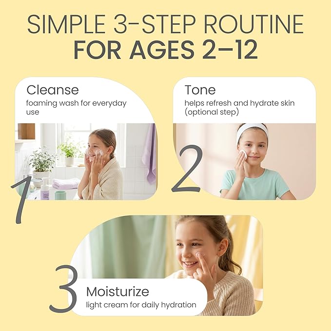 Skincare Set for Kids - Gentle Facial Wash, Unscented Soothing Toner and Cream - Natural Skin Care for Boys and Girls with Aloe Vera and Vitamin C - Vegan, Paraben-Free - Award-Winning - Ages 6-12