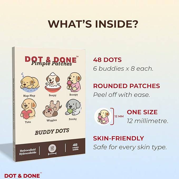 DOT & DONE Hydrocolloid Pimple Patches for Face, 48 Count 12 mm Round Acne Spot Dots with 6 Cute Dog Designs, Cute Pimple Patches for Teens & Adults, Day & Night Use, Buddy Dot Series
