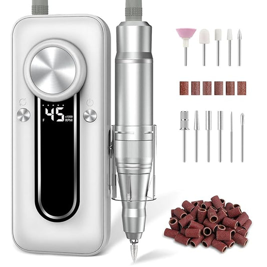 TUOBEO Nail Drill Electric Nail File Kit 45000 RPM Professional Efile Nail Set,Cordless Portable Rechargeable Acrylic Gel Nail Polish Remover Machine Pedicure Manicure Tool for Salon Home White