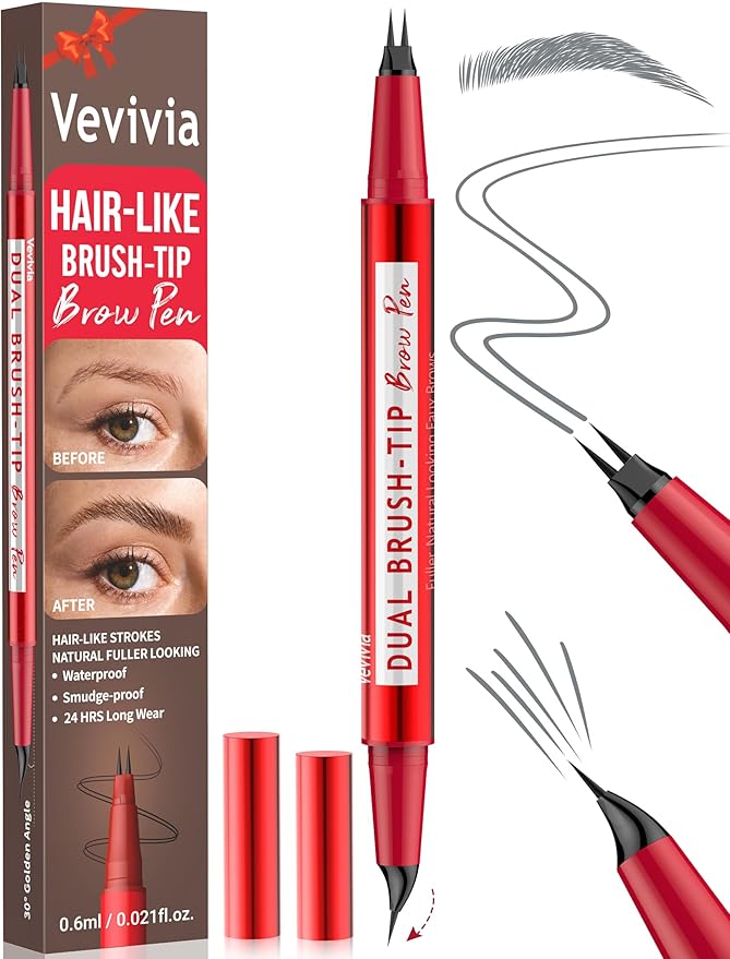 Vevivia Eyebrow Pencils for Women - Eyebrow Pen with Dual-Brush-Tip & Curved Tip for Natural Fuller-Looking Brows, Precise Hair-Like Strokes for All Brow Types, Last All-Day Brow Makeup, Grey