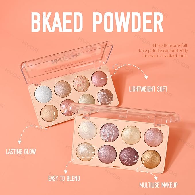 KYDA 8 Colors Baked Powder Palette, Mulitiuse Baked Powder for Eyeshadow Highlighter Contour, Lightweight Blendable, Buildable Glossy Color, Golden Luster
