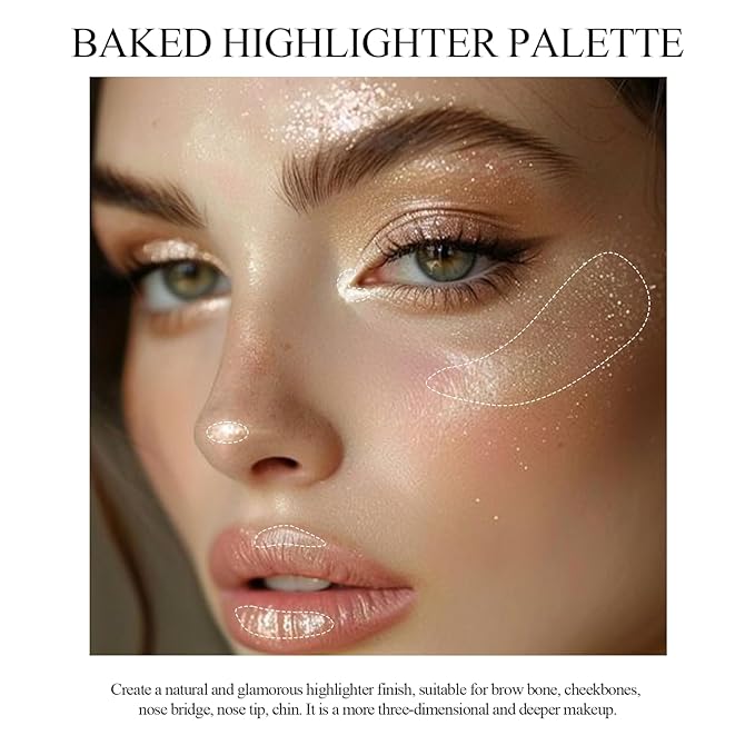 Highlighter Makeup Palette, High Glossy Face Illuminator Palette, Pearl Shimmer Smooth Baked Powder with Natural Glow Finish, Facial Glitter Lasting Sparkling Luminizers Highlighter-SUN GLOW