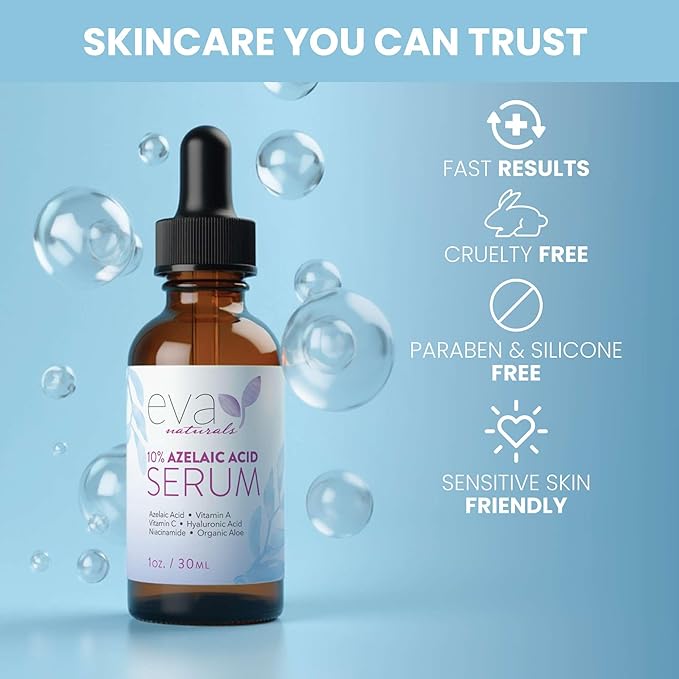 Eva Naturals 10% Azelaic Acid Serum for Face – Niacinamide, Hyaluronic Acid – Redness Relief, Dark Spots, Uneven Skin Tone, Texture, Pores, Topical Booster for Clearer, Smoother Skin, 1oz
