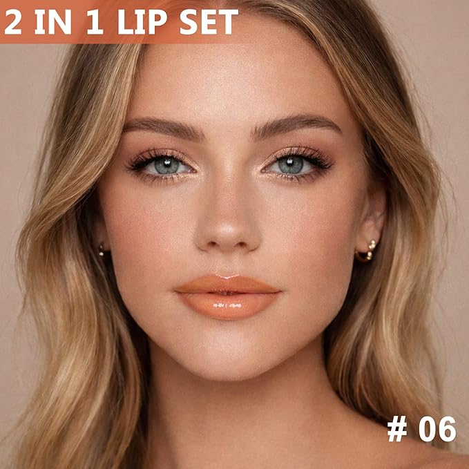 Jutqut Brown Lip Liner and Gloss Lip Kit, Waterproof Long-Lasting Combo Set with Matte Lip Liner Pencil and Non-Sticky Pluming Tinted Gloss, Highly Pigmented Lipliner Set for Women (06 Brown)