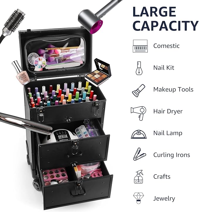 Yokilly Rolling Makeup Train Case, Professional Cosmetology Case on Wheels, Aluminum Cosmetic Trolley Travelling Cart Trunk with Swivel Wheels, Sliding Drawer & Keys for Nail Technician Stylist(Black)