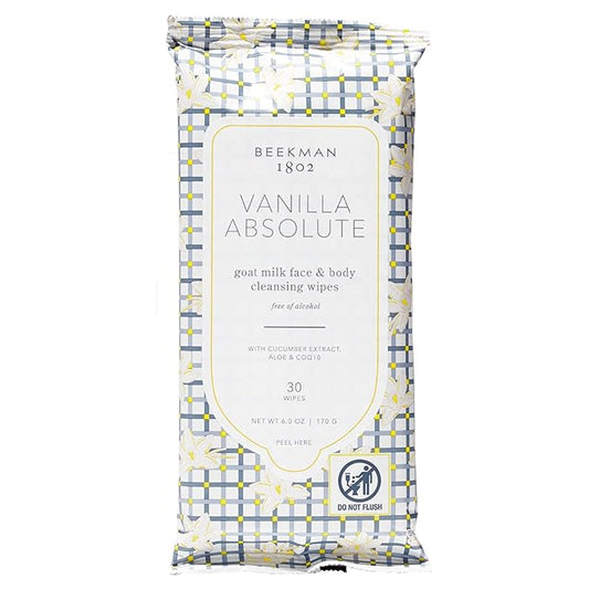 Beekman 1802 Face & Body Wipes, Vanilla Absolute - Scented - 30 Count - Cleanses Dirt & Makeup - With Goat Milk, Aloe & Vitamin E - Alcohol Free, Biodegradable - Good for Sensitive Skin - Cruelty Free