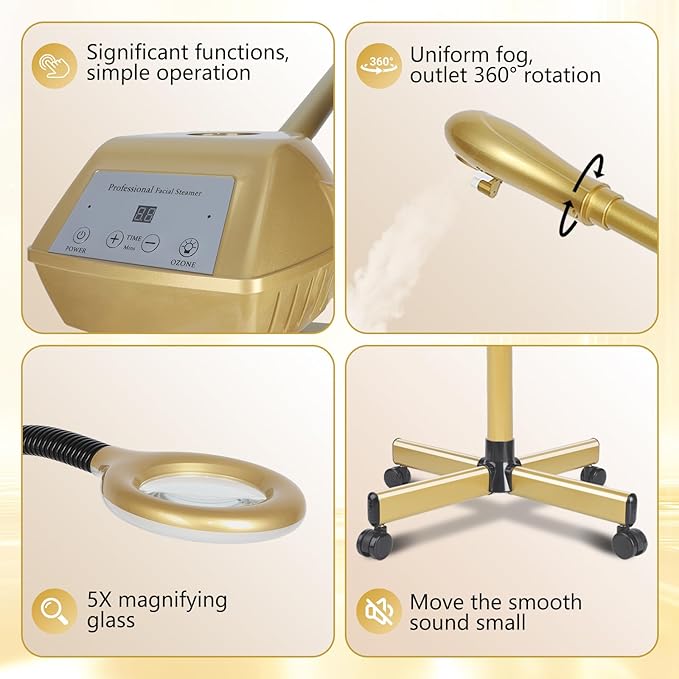 Professional Facial Steamer Adjustable Height and Angle, Face Steamer Clean Skin Firming Pores and Moisturizing Suitable for a Beauty, Spa, at Home（Gold）