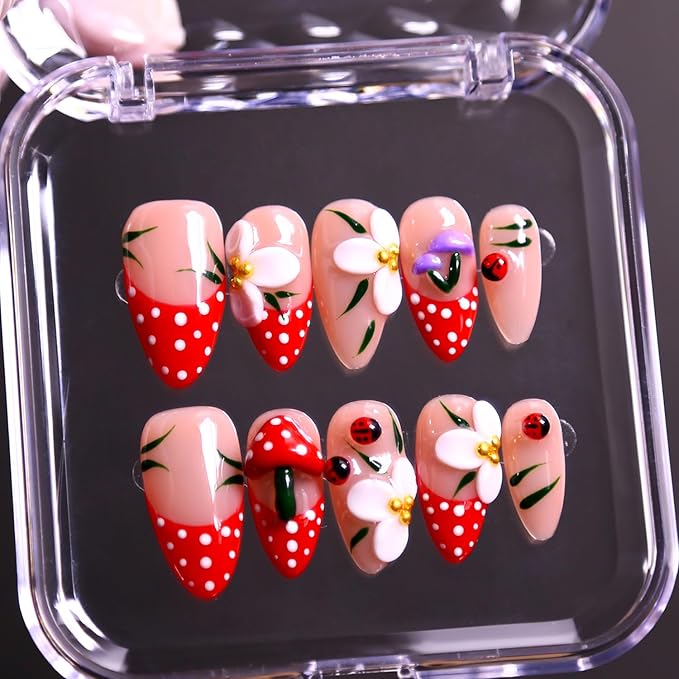 MAGLFELL Spring Press on Nails Handmade Medium Length Almond Fake Nails, 3D French Salon Painting Design False Nails, 10 Pcs Reusable ABS Material Nail Tip Artificial Nails for Women (Size S)