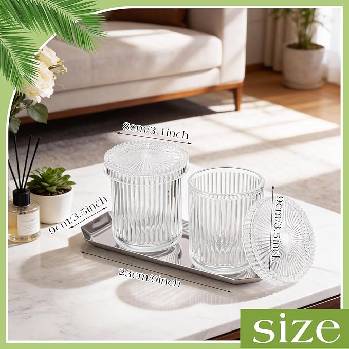 Yiyiring 2 Pack Glass Cotton Swab Holder with Lids and 1 Pack Stainless Steel Trays and Labels Glass Swab Dispenser Cotton Ball Holder Apothecary Jars Floss Pick Containers Bathroom Organizers(Clear)