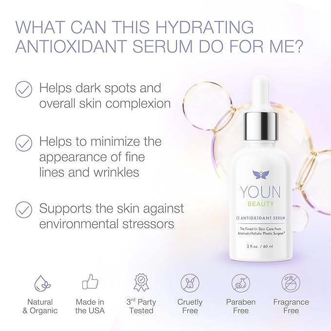YOUN Beauty 20% Vitamin C Face Serum with Hyaluronic Acid, Ferulic Acid & Vitamin E by Holistic Plastic Surgeon Dr. Anthony Youn | Antioxidant Serum for Face for Skin Hydration, 60 ml