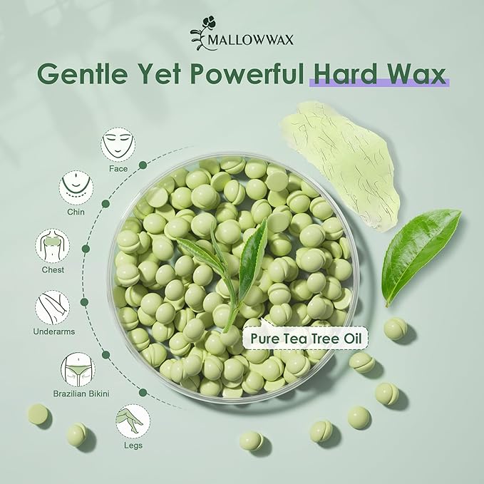 Mallowwax Hard Wax Beads - Wax for Sensitive Skin Hair Removal - Tea Tree Wax Beads for Face, Underarms, Bikini, Legs