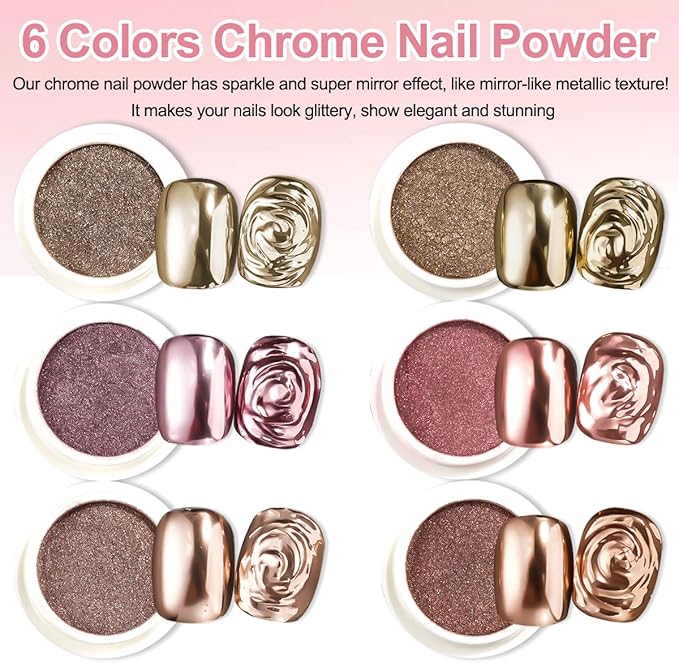 6 Jars Chrome Nail Powder Kit, Metallic Gold Chrome Nail Powder Super Mirror Effect Pigment Holographic Manicure Nail Glitter Powder Dust for Gel Polish Nail Art Decoration, Resin Craft