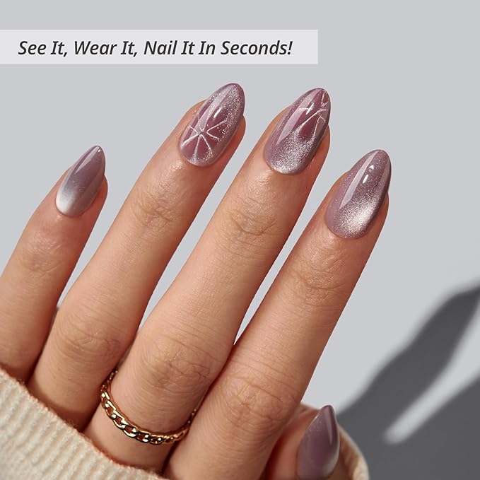 BTArtbox Press On Nails Short - Berry Spark, Lamp-Curable Glitter Almond Press On Nails with Glue and Adhesive Tabs for Women in 16 Sizes - 32 Soft Gel Glue On Nails Kit