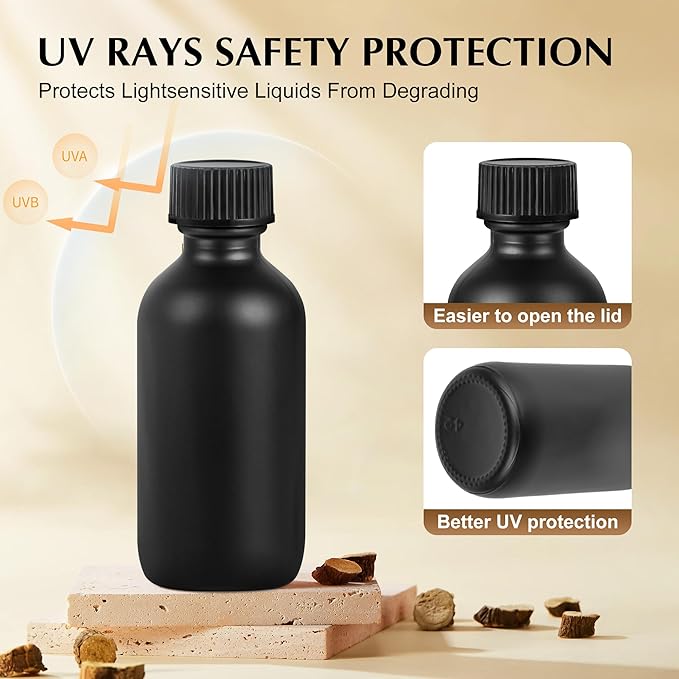 Exlvanto Small Glass Bottles with Lids Boston Round Shot Bottles for Health, Immunity, Ginger Juice, Essential Oils, Potion - Leak Proof Mini Travel Containers (Black Frosted, 2oz-24Pack)
