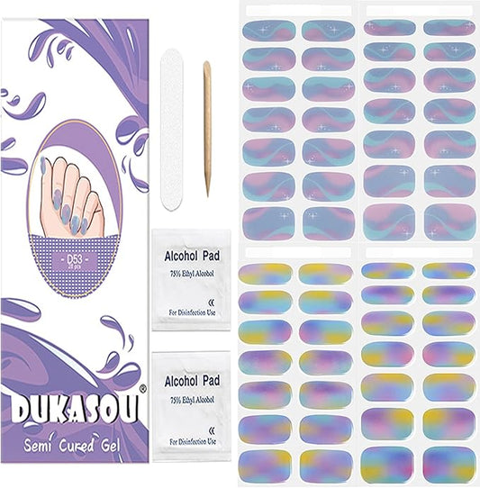 DUKASOU Semi Cured Gel Nail Strips, 56Pcs Nail Art Stickers/Wraps, Long Lasting UV Nail Polish Strips for Adults(Colorful+Purple Aurora)