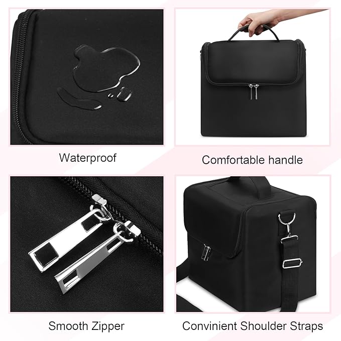 Large Makeup Carrying Train Case for Women, Black Travel Bag Storage Box,4 Tier Professional Nail Organizer Case with Adjustable Dividers for Nail Tools Jewelry MakeUp Brushes