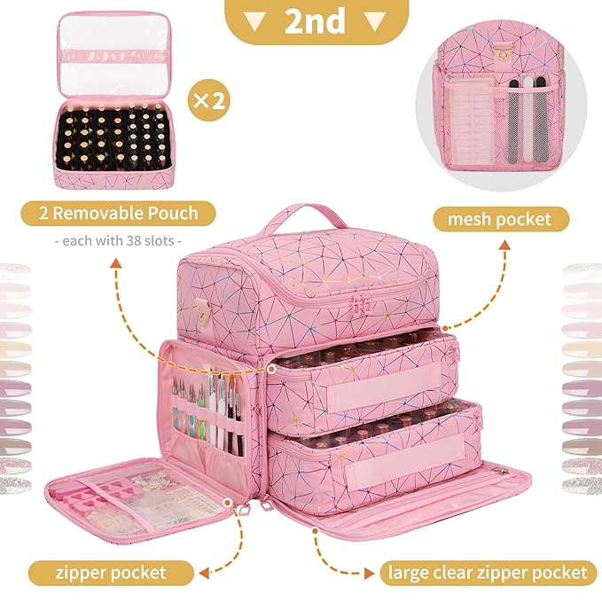 CUBETASTIC Extra Large Nail Polish Organizer Case Holds 86 to 100+ Bottles Nail Polish & Nail Lamp, Nail Supplies Storage Carrying Bag with 2 Removable Pouches (Triangle Pink, 86 Slots)