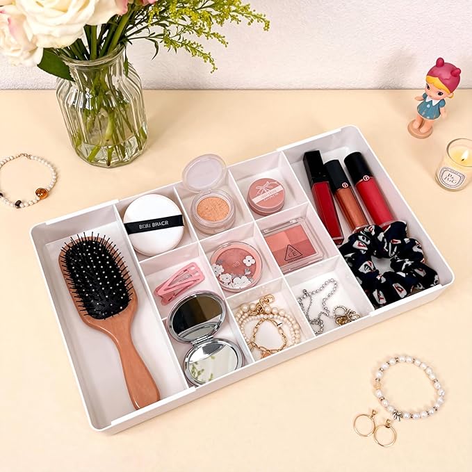 Expandable Desk Drawer Organizer, Acrylic Drawer Organizer Trays with 11 Adjustable Compartments 6 Removable Dividers Desk Accessories for Makeup Utensil Junk Office Kitchen Bathroom ( White, 1Pcs )
